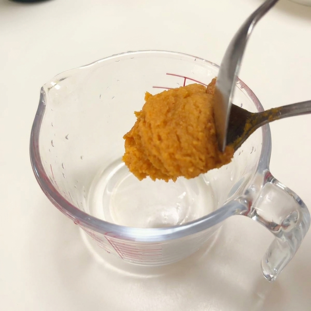 Une cuillère déposant de la pâte miso dans un verre doseur contenant les assaisonnements liquides.