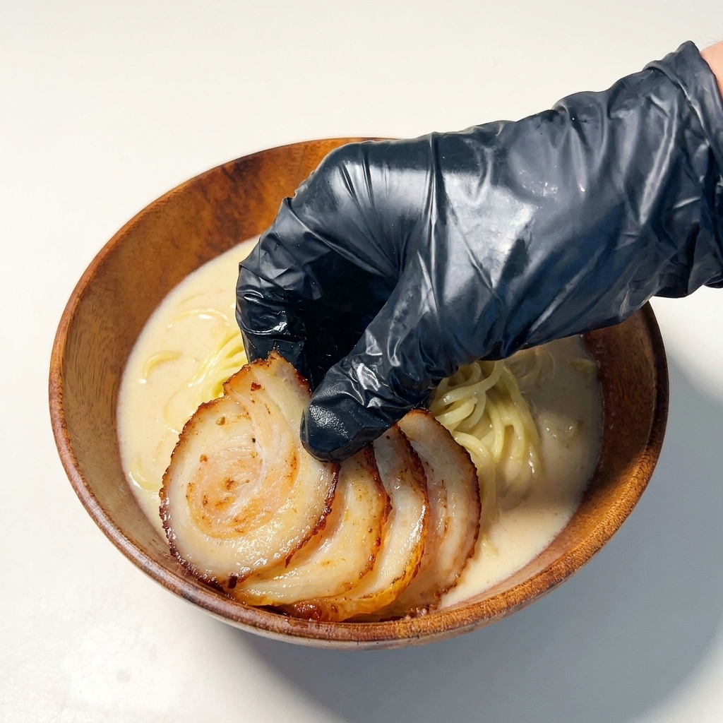 Tranches de porc chashu saisies disposées sur les nouilles dans le bol.