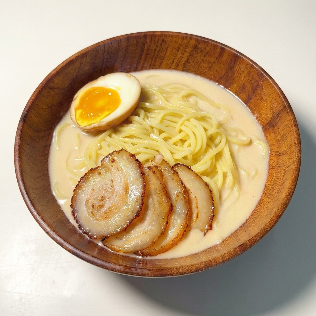 Bol de ramen garni de porc et dun œuf mollet coupé en deux au jaune coulant.