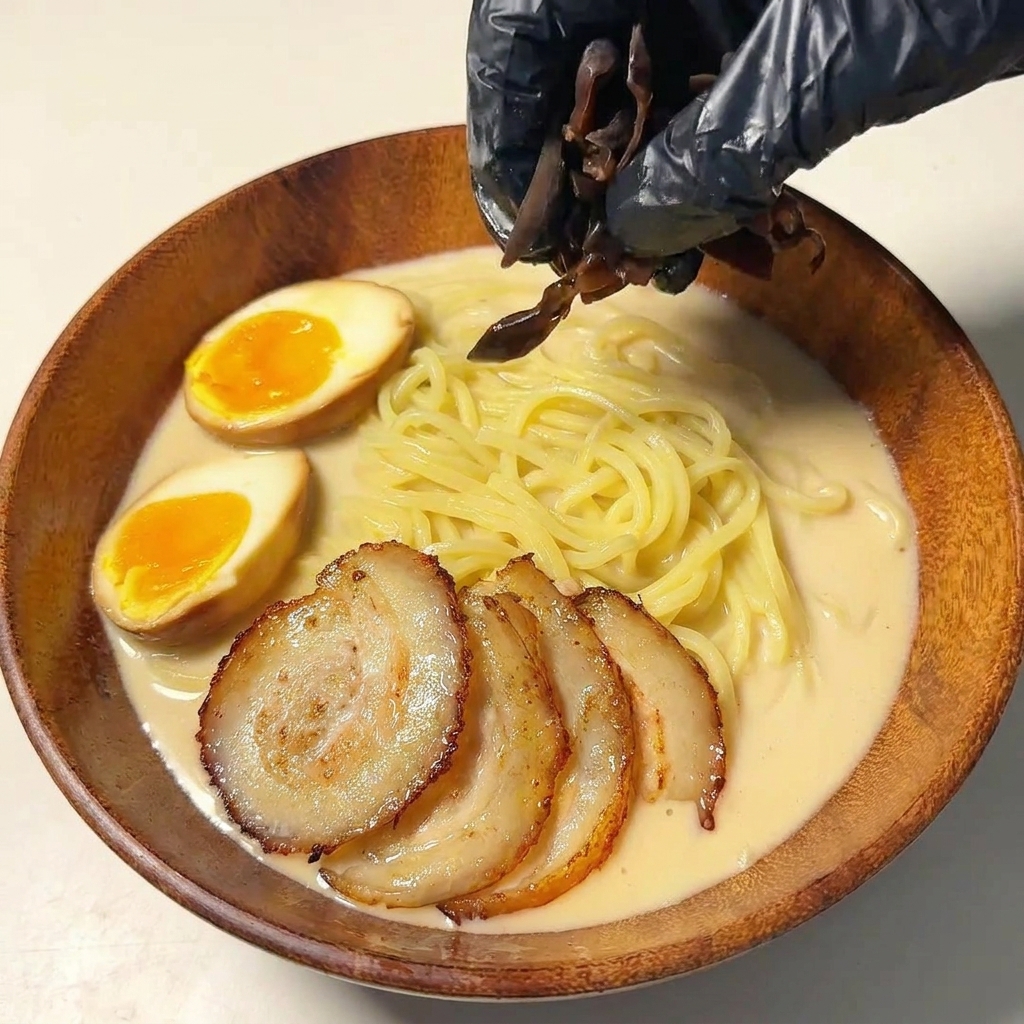 Main déposant des champignons oreilles de bois émincés dans le bol de ramen.