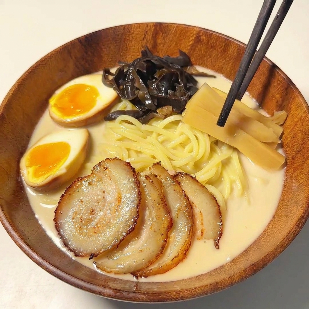 Baguettes plaçant des pousses de bambou sur le ramen.