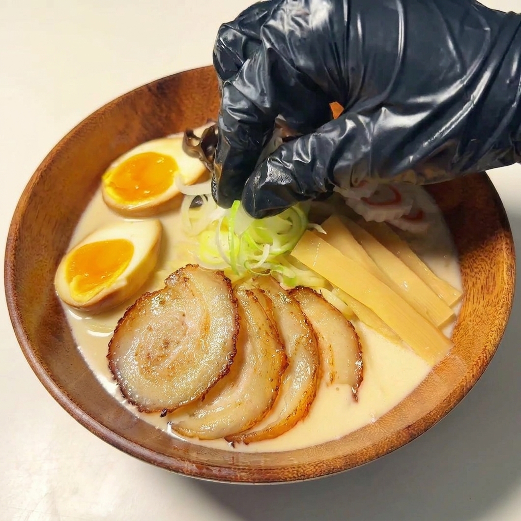 Oignons verts ciselés saupoudrés sur le bol de ramen terminé.