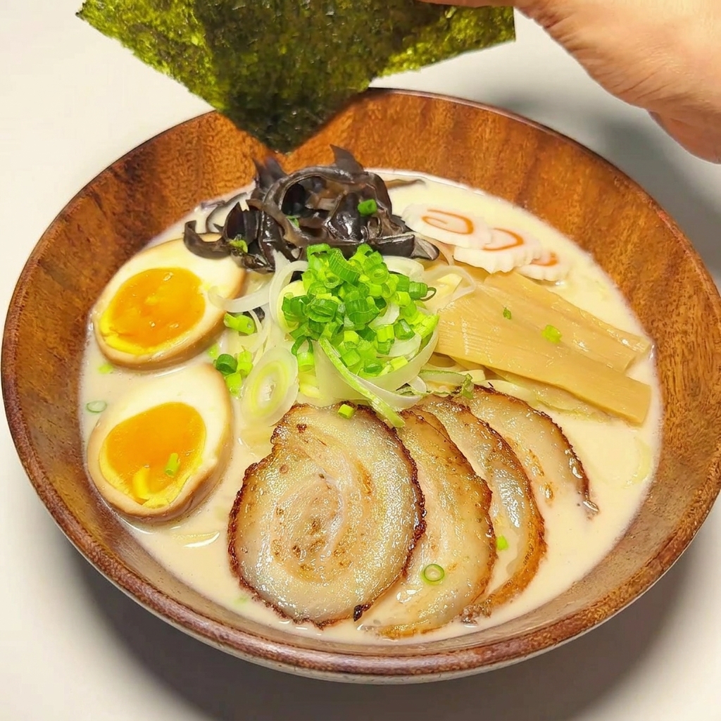 Feuilles de nori glissées sur le bord du bol de ramen.