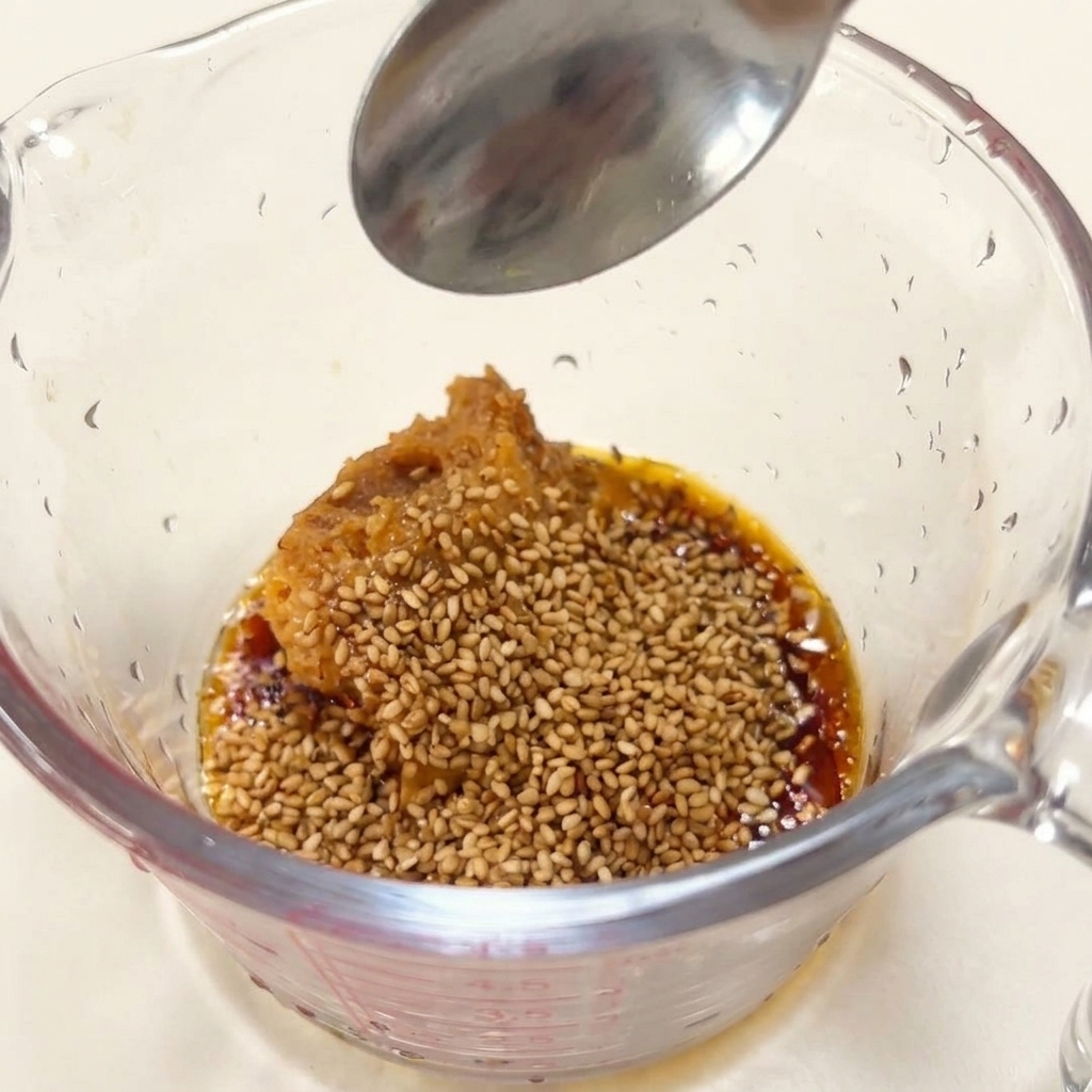 Un verre doseur rempli de miso et de graines de sésame, avec une cuillère au-dessus.