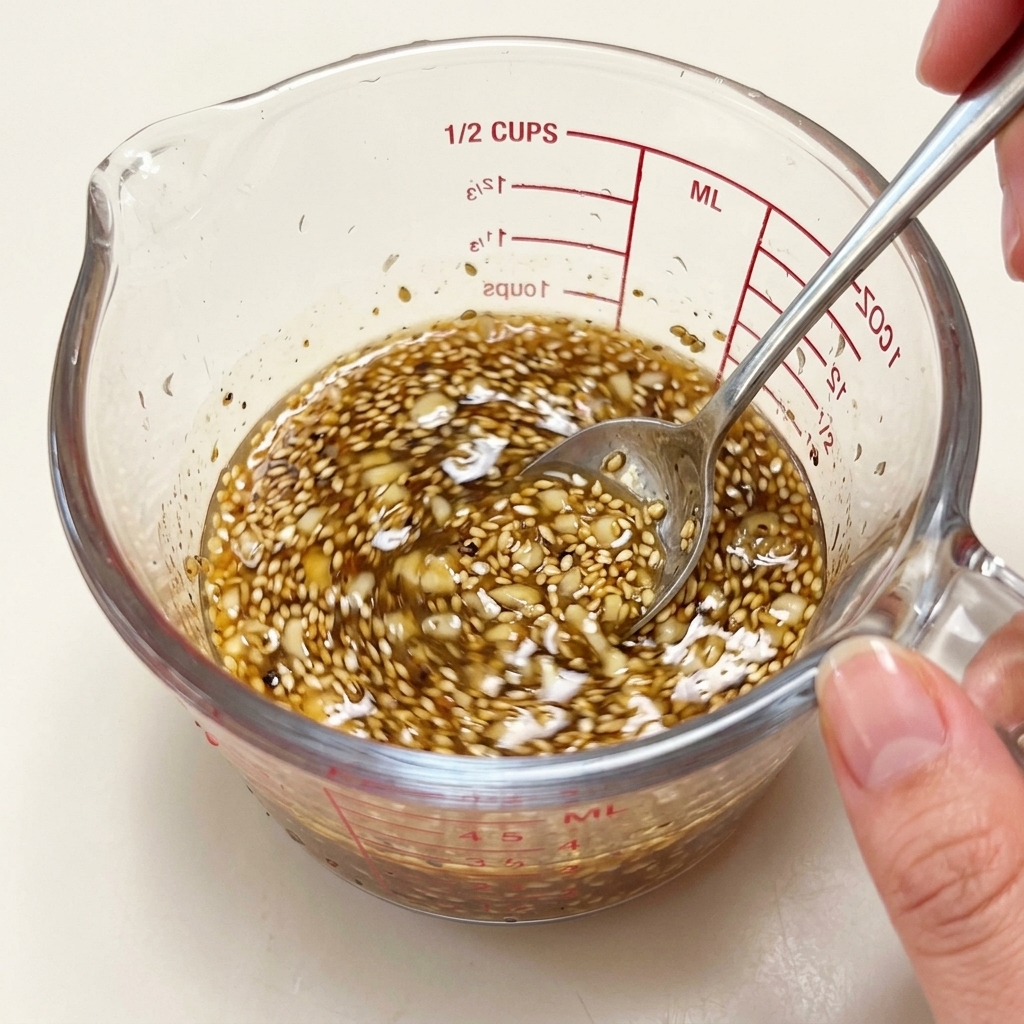Une main mélangeant le bouillon et les assaisonnements avec une cuillère en métal dans un verre doseur.