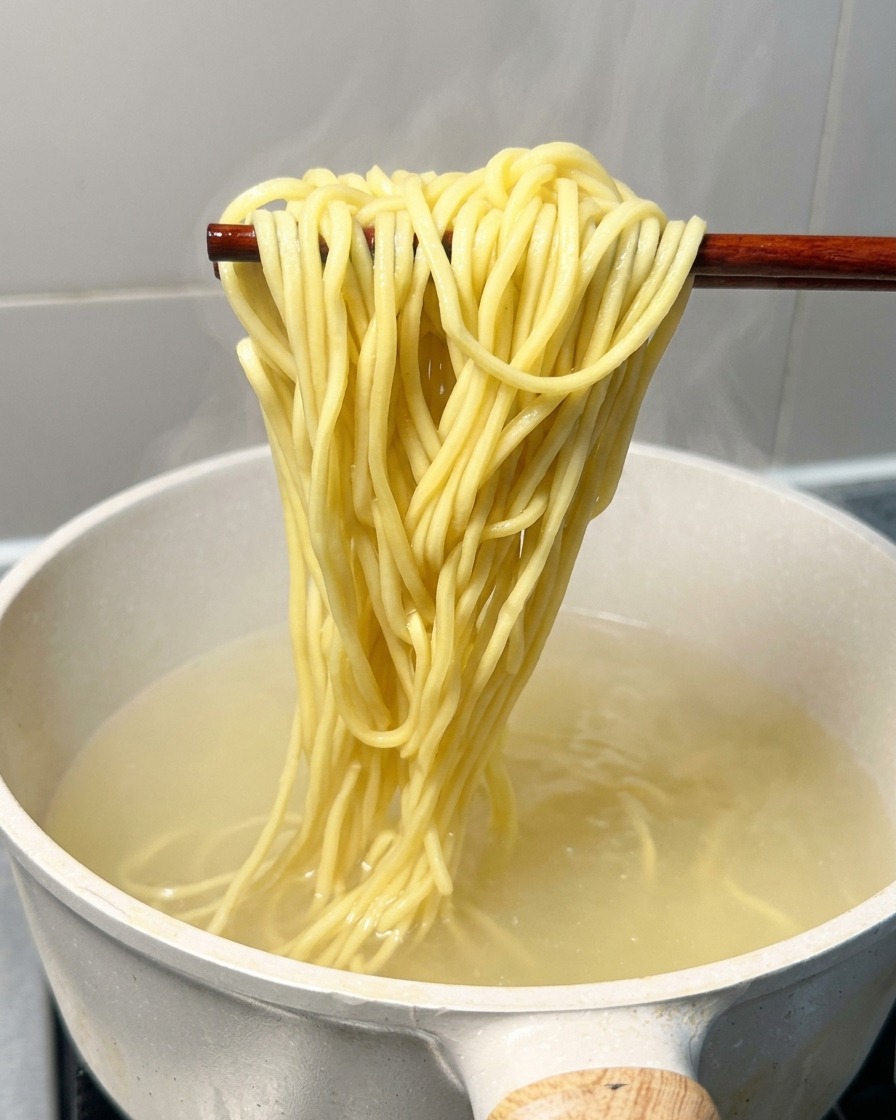 Nouilles ramen jaunes soulevées dune casserole deau bouillante avec des baguettes.