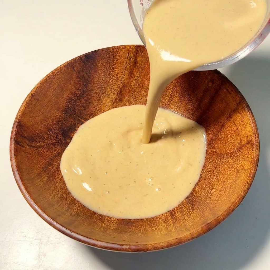 Base de soupe crémeuse versée dun verre doseur dans un bol de service en bois.
