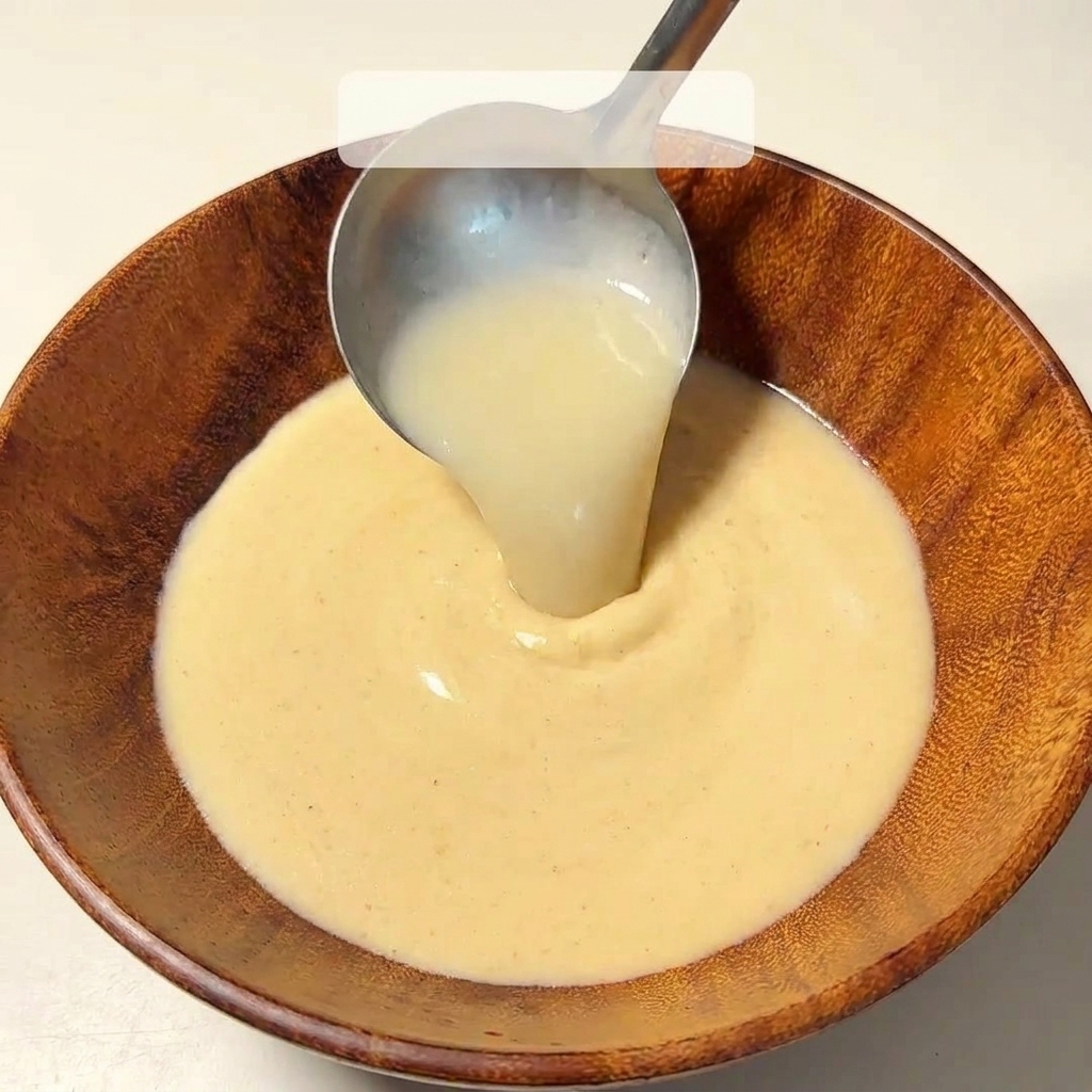 Une louche versant le bouillon tonkotsu laiteux dans un bol en bois.