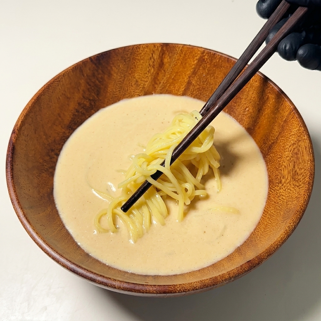 Nouilles ramen déposées délicatement dans le bouillon crémeux avec des baguettes.