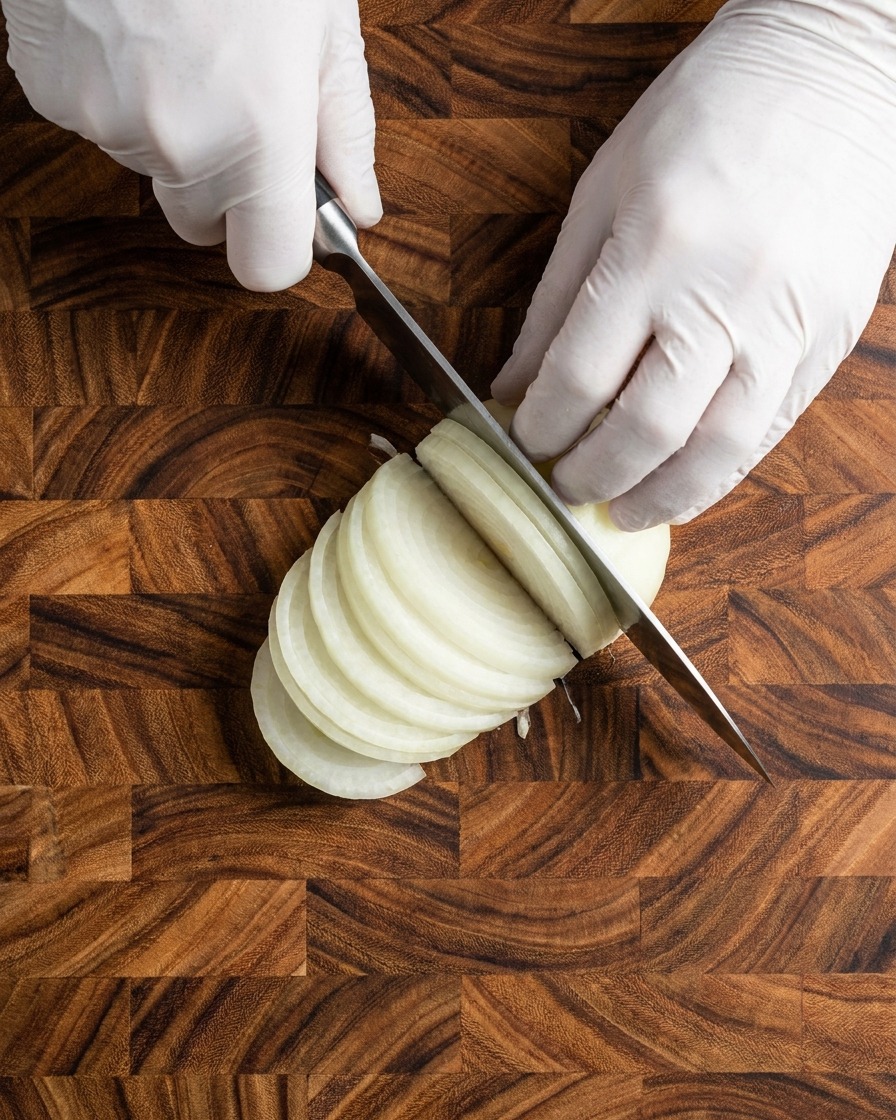 Mains gantées utilisant un couteau de chef pour trancher finement un oignon blanc sur une planche en bois.