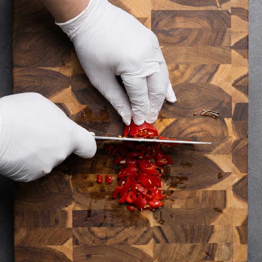 Piments rouges frais hachés au couteau sur une planche en bois.