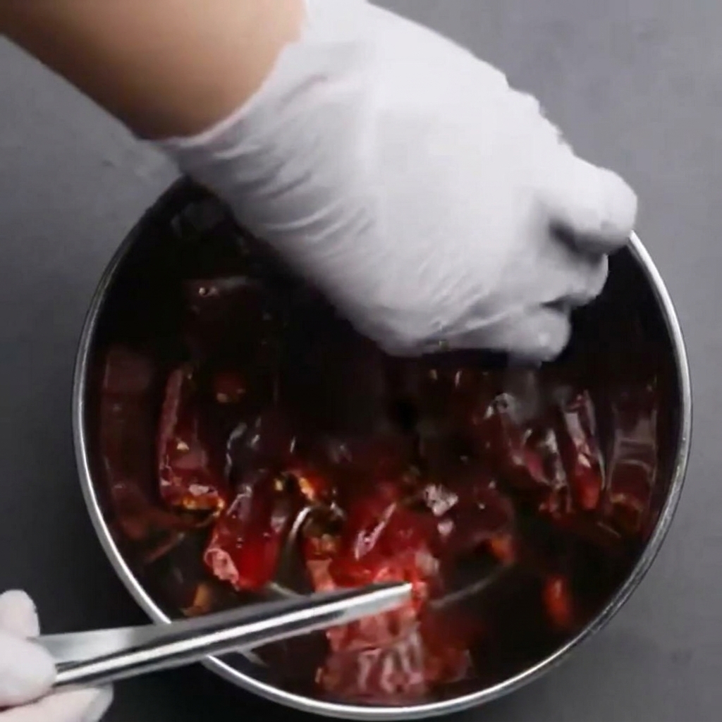 Piments rouges séchés immergés dans un bol deau en inox à laide dune pince.