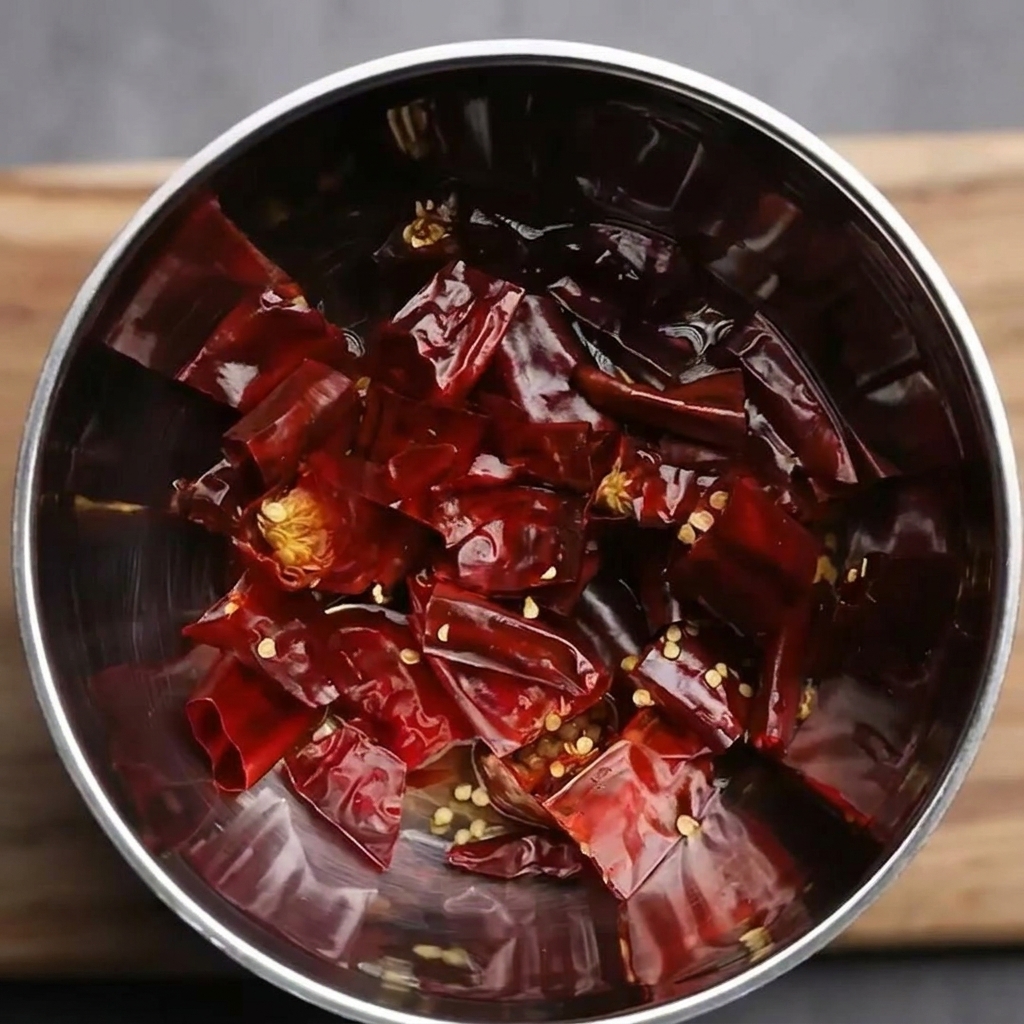Bol de piments rouges séchés ramollis prêts à être mixés avec la bouillie dorge.