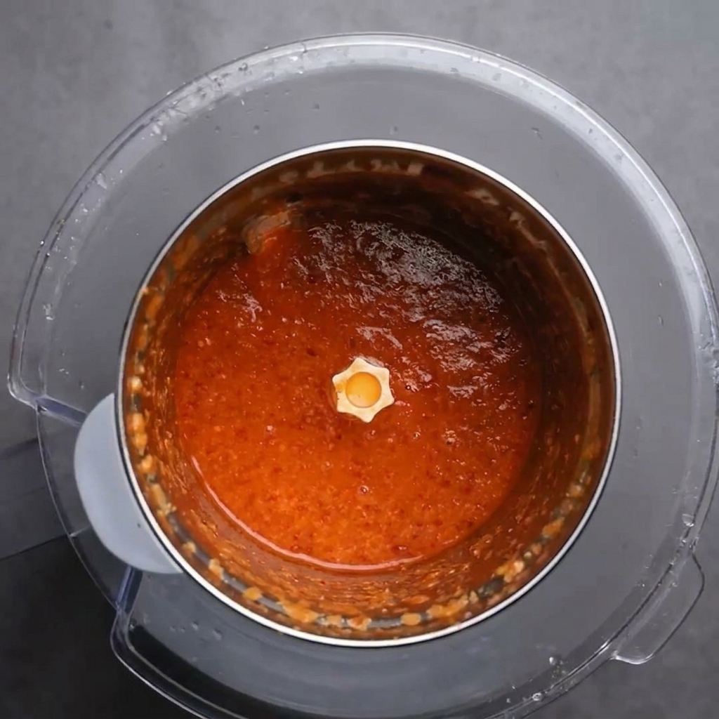 Pâte de piment dun rouge intense et parfaitement lisse à lintérieur du mixeur.