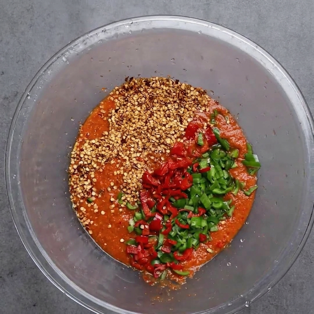 Sauce de poisson versée dans le bol contenant la pâte de piment et les légumes hachés.