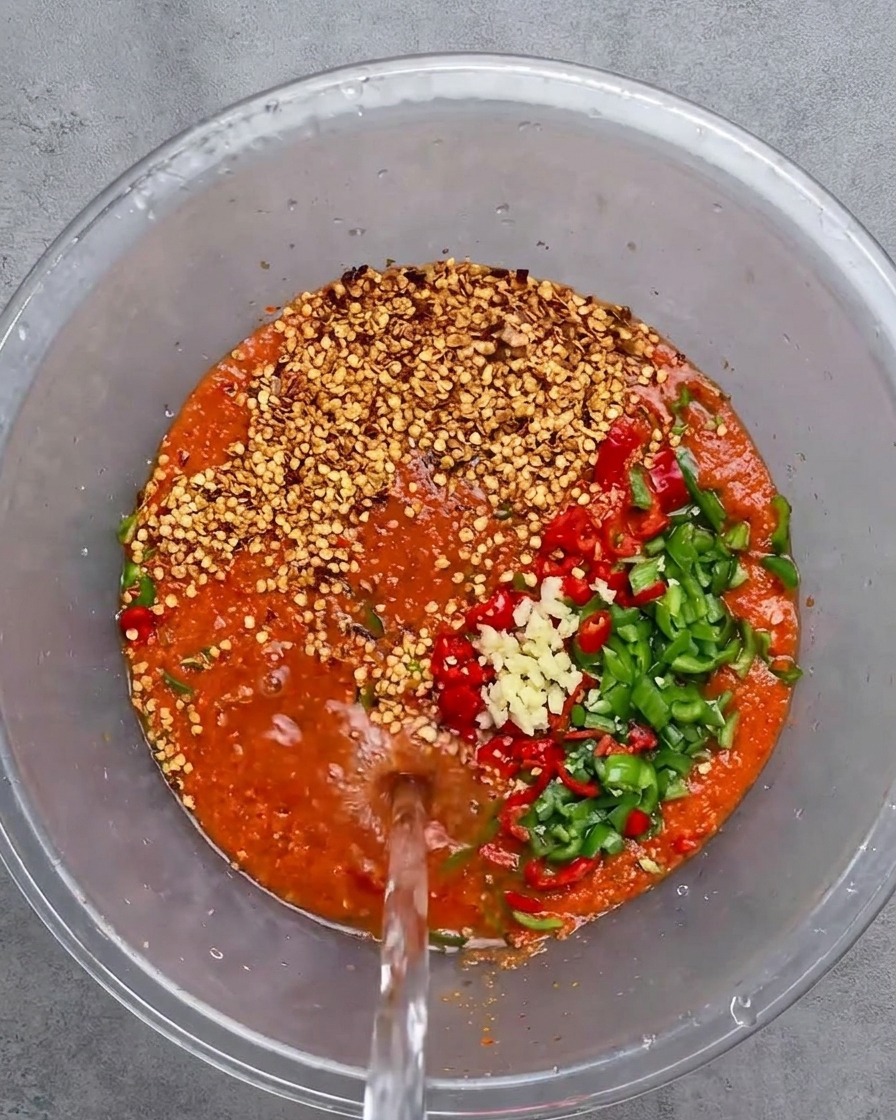 Eau fraîche versée dans la base de piment assaisonnée pour créer le bouillon du kimchi.