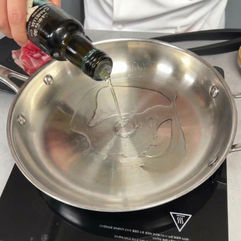 Une bouteille dhuile versant un mince filet dans une poêle en acier inoxydable vide.