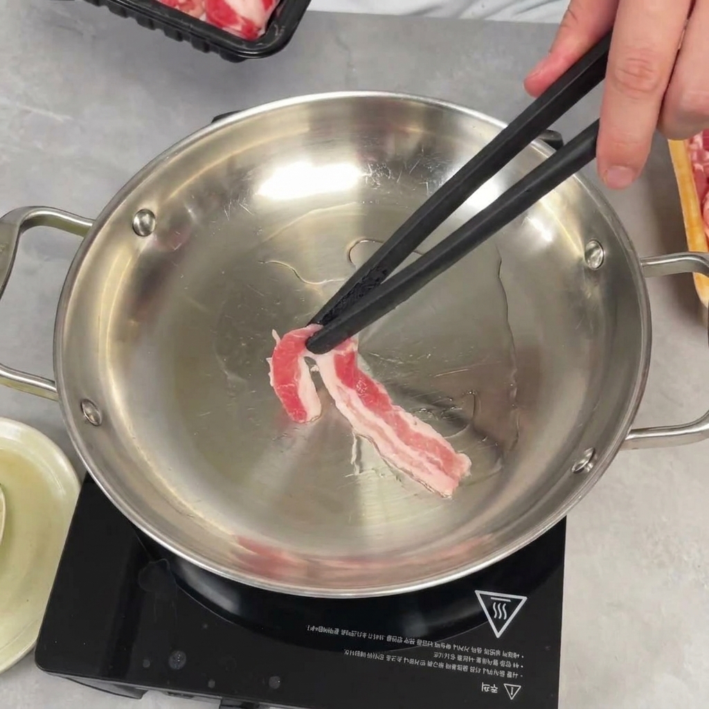 De fines tranches de porc cru déposées dans une poêle huilée avec des baguettes noires.