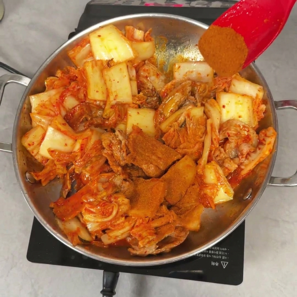 Une spatule rouge saupoudrant de la poudre de piment sur le mélange de porc et de kimchi.