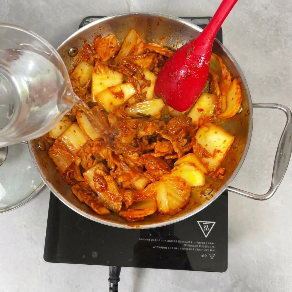 De leau claire versée dun pichet gradué dans la poêle de kimchi et de porc sauté.