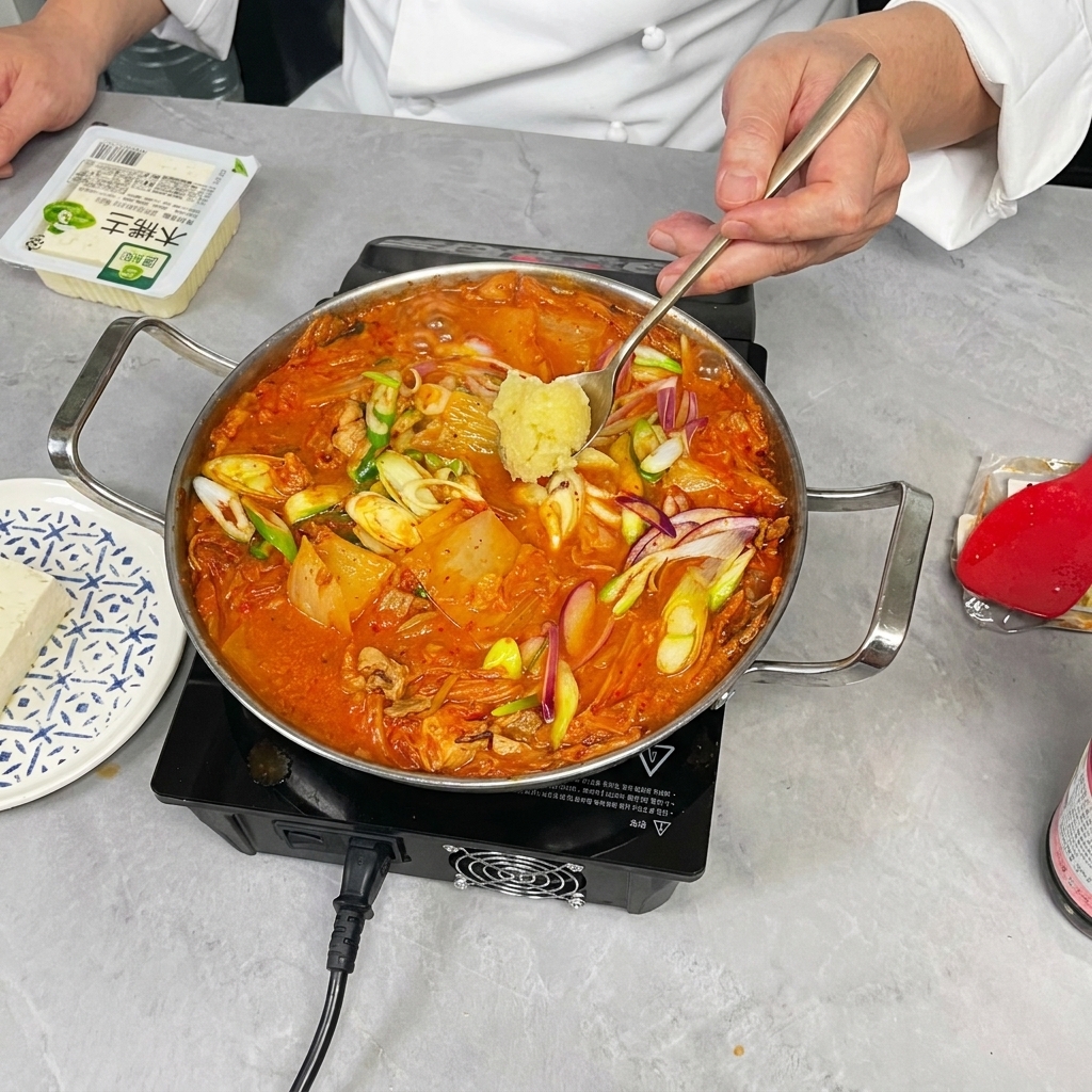 Une main ajoutant une cuillerée dail haché dans le pot de Kimchi Jjigae sur une plaque à induction.