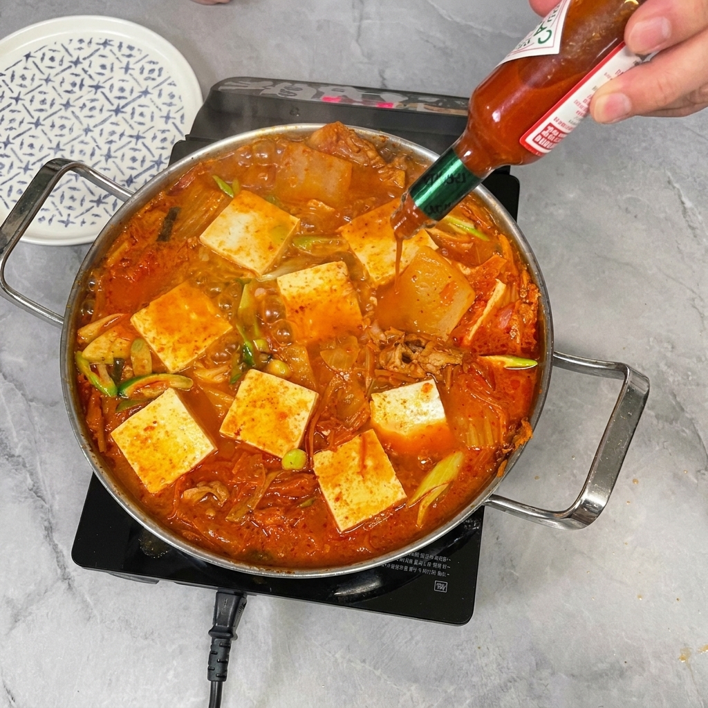 Quelques gouttes de sauce piquante versées dune petite bouteille dans le ragoût au tofu.