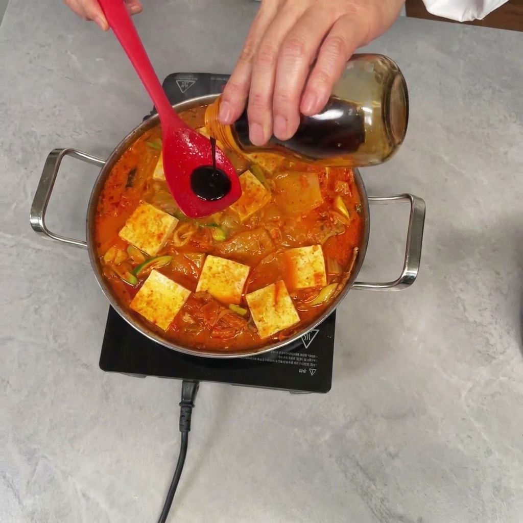 Sauce soja sombre versée sur une spatule au-dessus du ragoût de kimchi bouillonnant.
