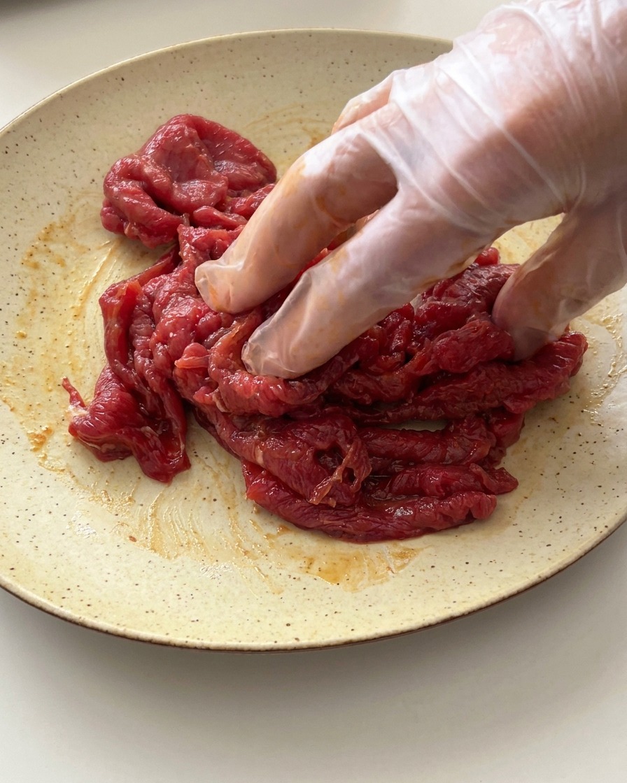 Une main gantée mélangeant les tranches de bœuf cru avec la marinade sombre sur une assiette.