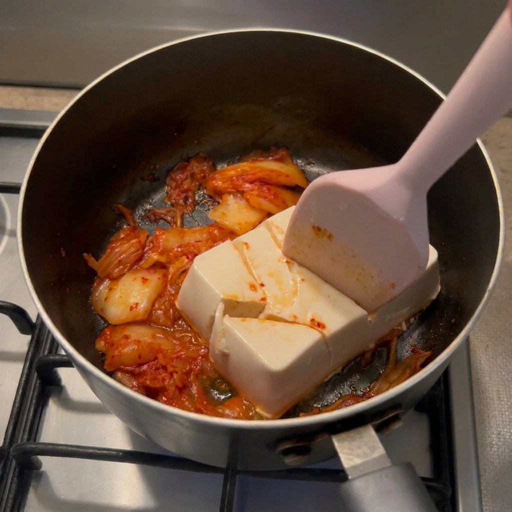 Une spatule rose senfonçant dans un bloc de tofu blanc, le coupant en gros morceaux sur un lit de kimchi rouge.