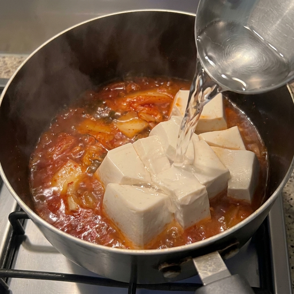 De leau chaude versée dune louche en métal sur des morceaux de tofu et du kimchi rouge dans une marmite.