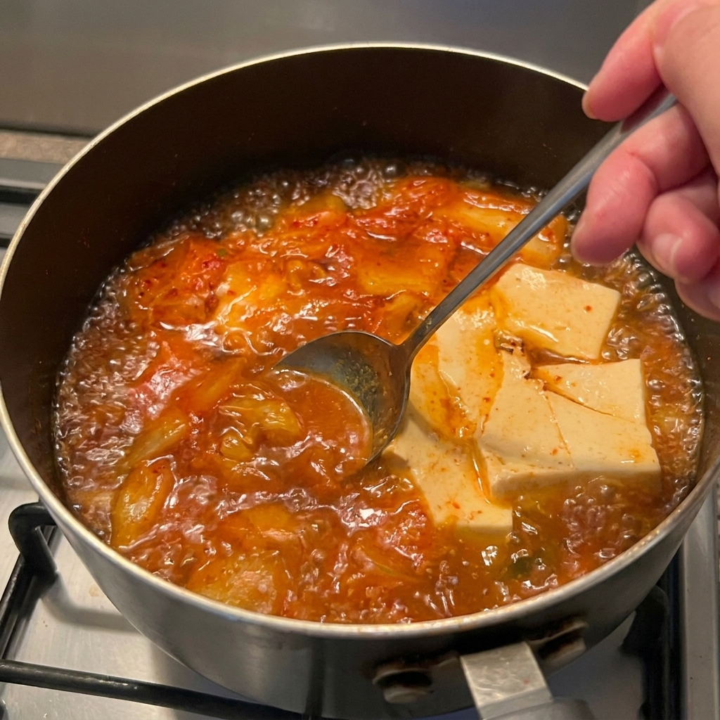 Une cuillère en métal mélangeant de la pâte de piment rouge dans une marmite bouillonnante de bouillon orange, kimchi et tofu.