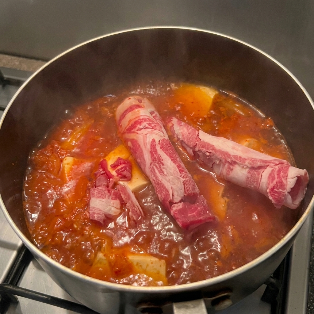 De fines tranches de bœuf marbré cru déposées dans une soupe de kimchi bouillonnante avec du tofu.