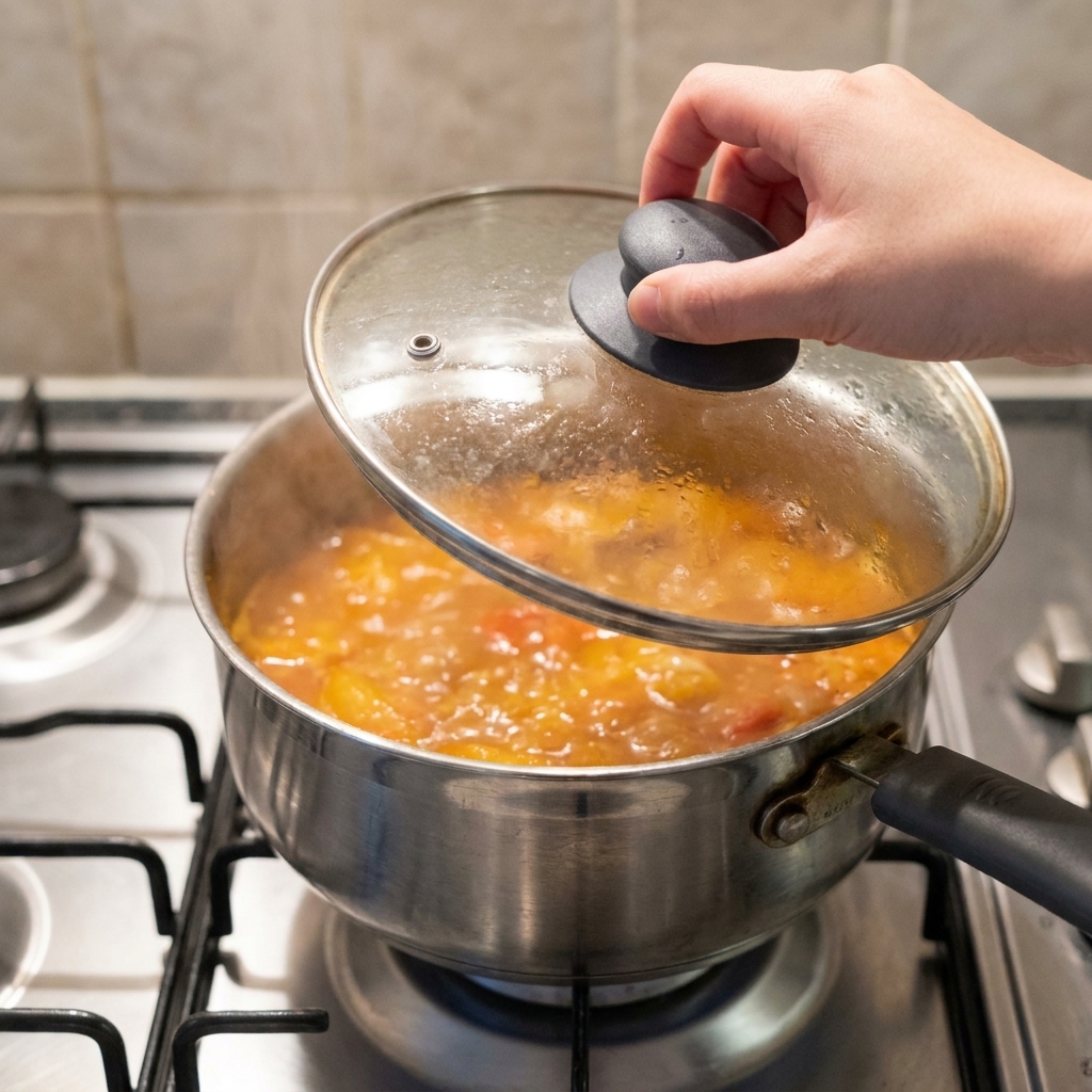 Une personne soulevant un couvercle en verre dune marmite en inox, révélant un ragoût de kimchi rouge-orangé fumant.