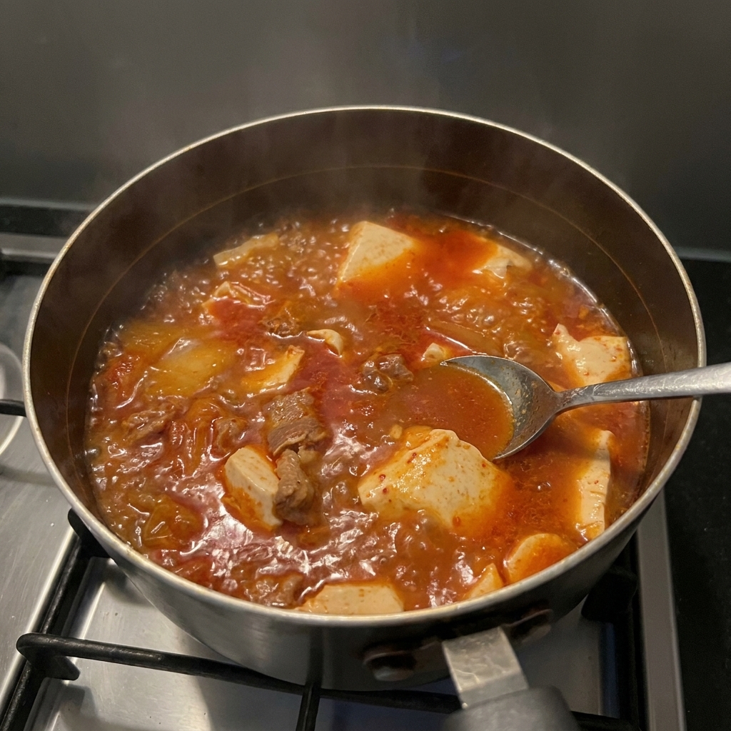 Une cuillère plongeant dans une marmite de soupe au kimchi avec du bœuf et du tofu blanc visibles.