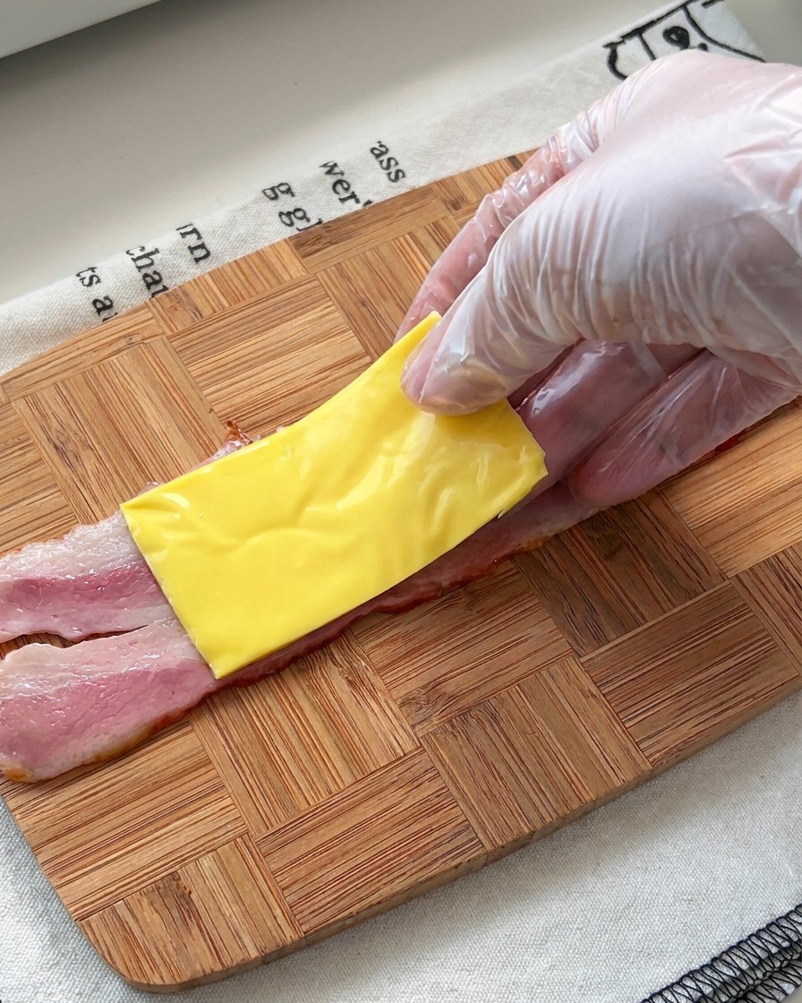 Une main portant un gant en plastique transparent dépose un carré de fromage jaune sur une tranche rose de lard cru posée sur une planche en bois.