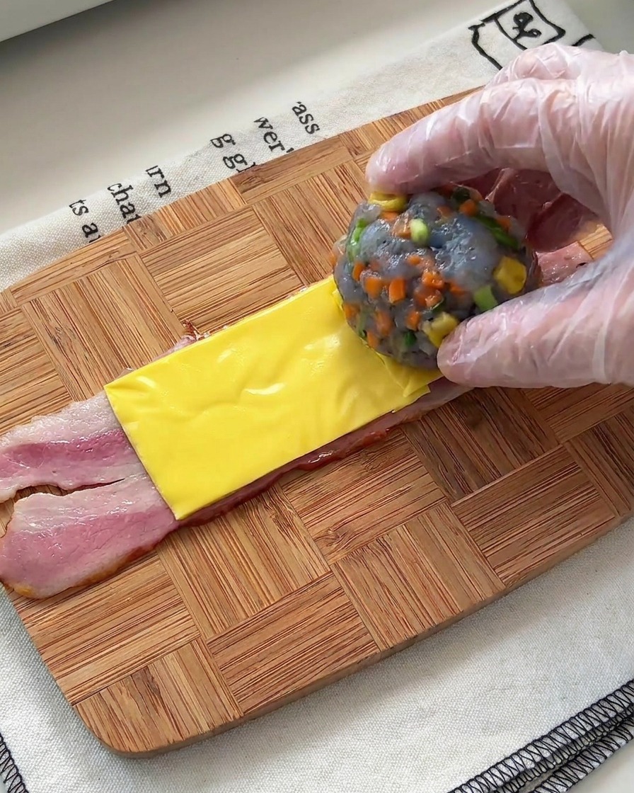 Une main gantée dépose une portion de farce crue aux crevettes et légumes sur le fromage et le lard.