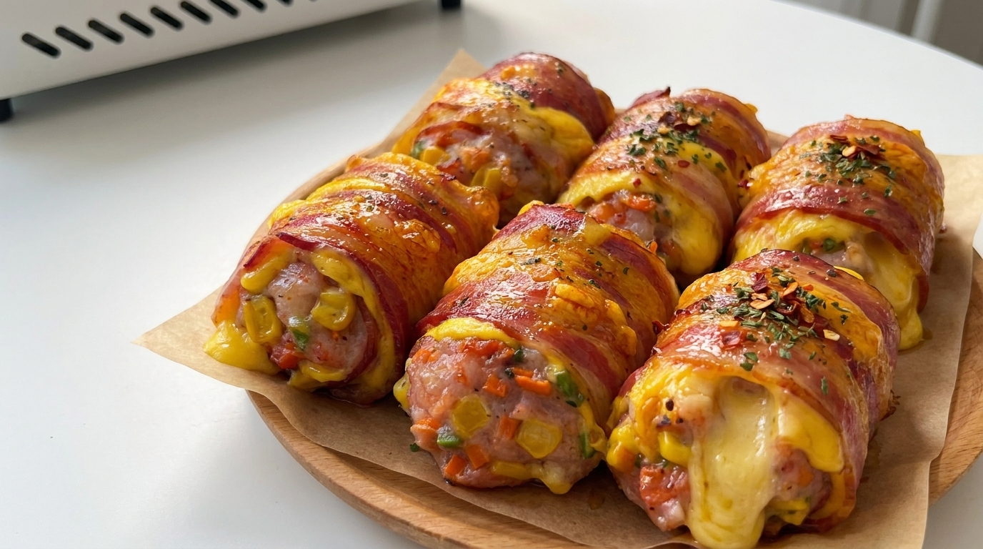 Rouleaux de Lard aux Crevettes, Fromage Fondant et Truffe Noire