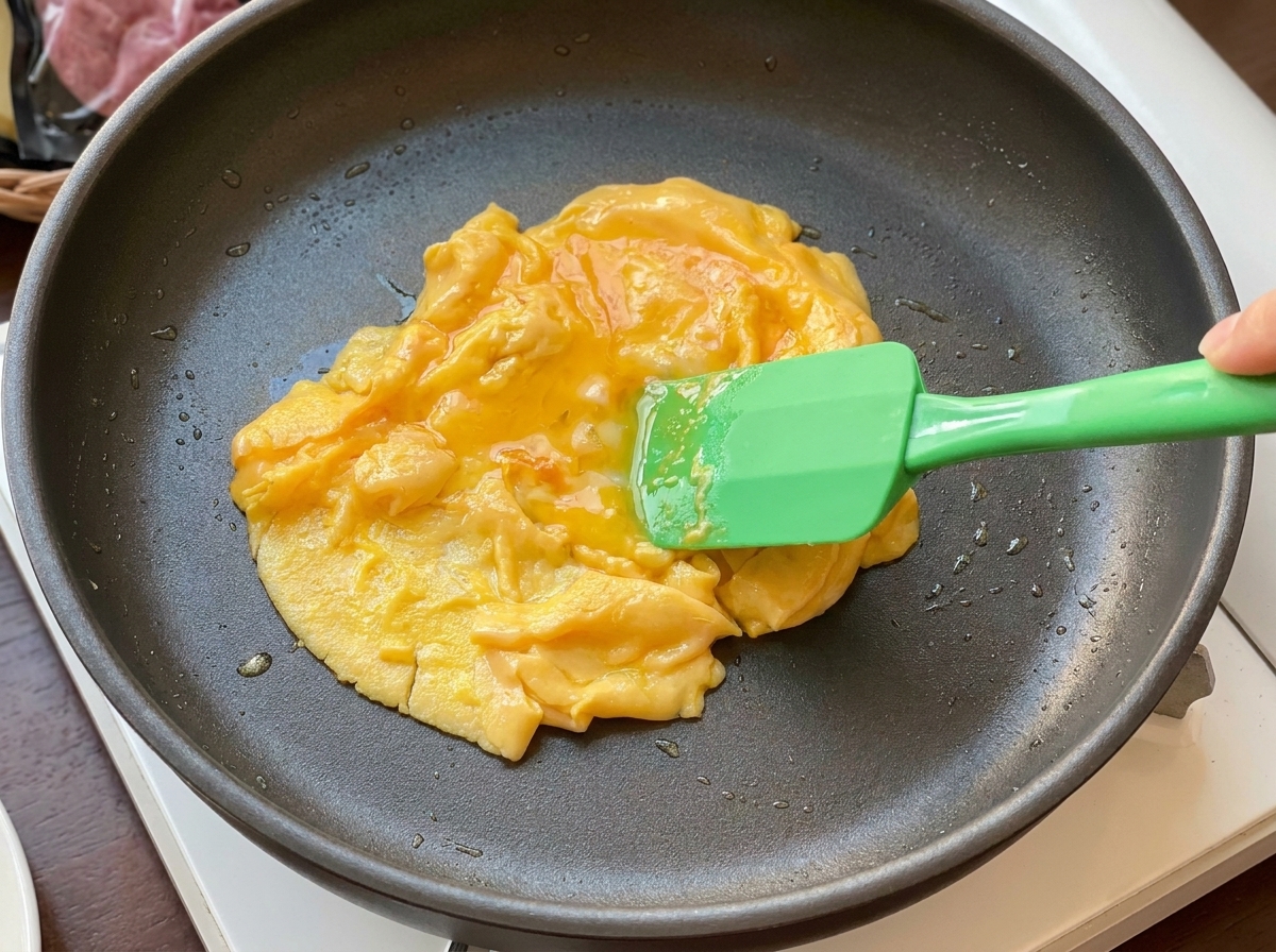Une spatule soulevant des œufs brouillés tendres dune poêle antiadhésive.