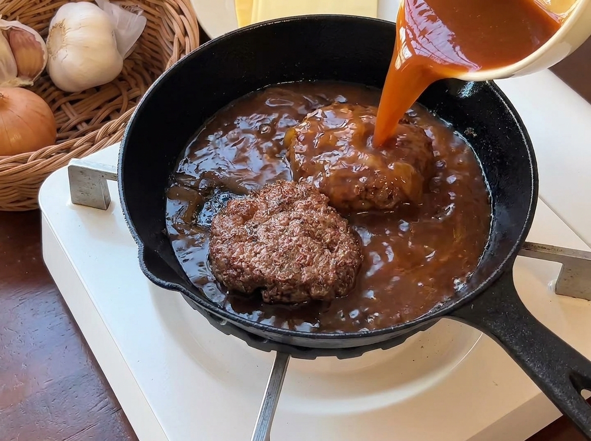 Sauce brune épaisse versée sur des steaks hachés dorés dans une poêle noire.