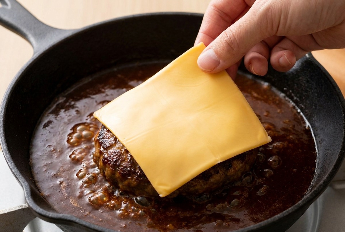Une main déposant une tranche de fromage carrée sur un steak haché mijotant dans une sauce riche.