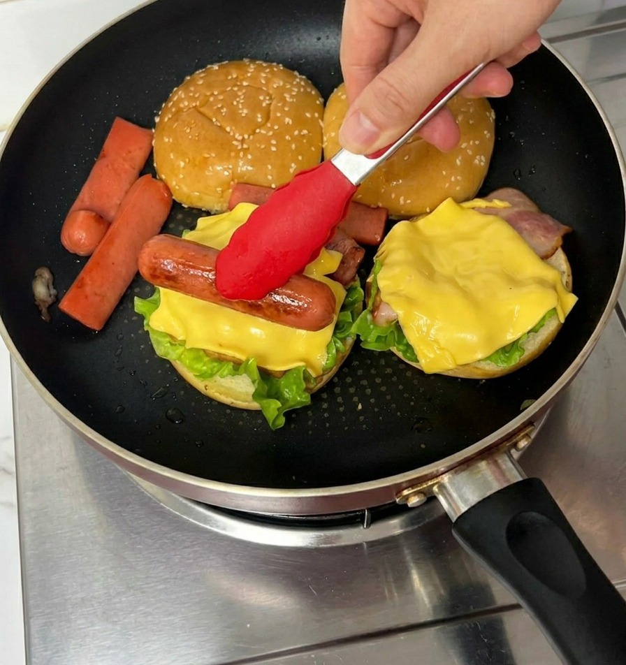 Des pinces plaçant une saucisse grillée sur la tranche de fromage fondu dans la poêle.