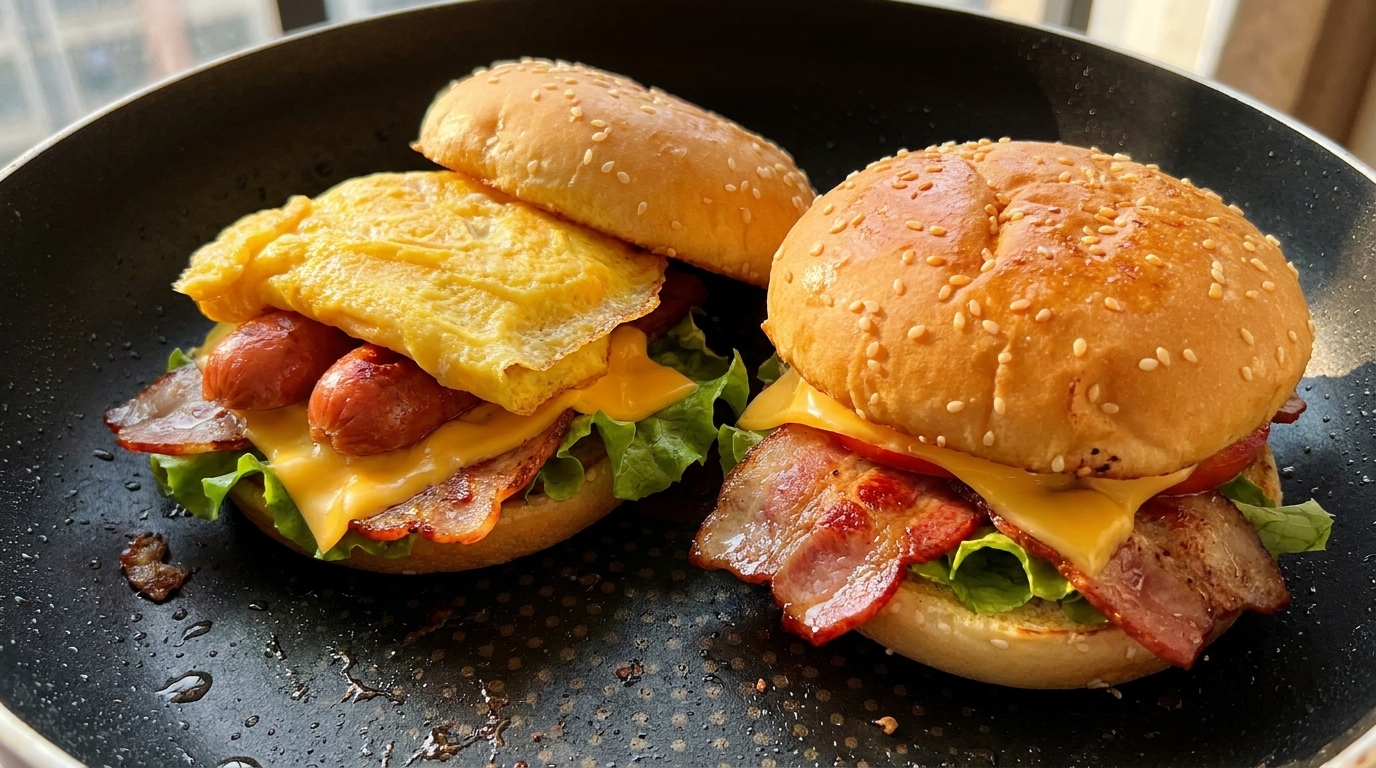 Burger de petit-déjeuner maison au bacon, œuf et saucisse