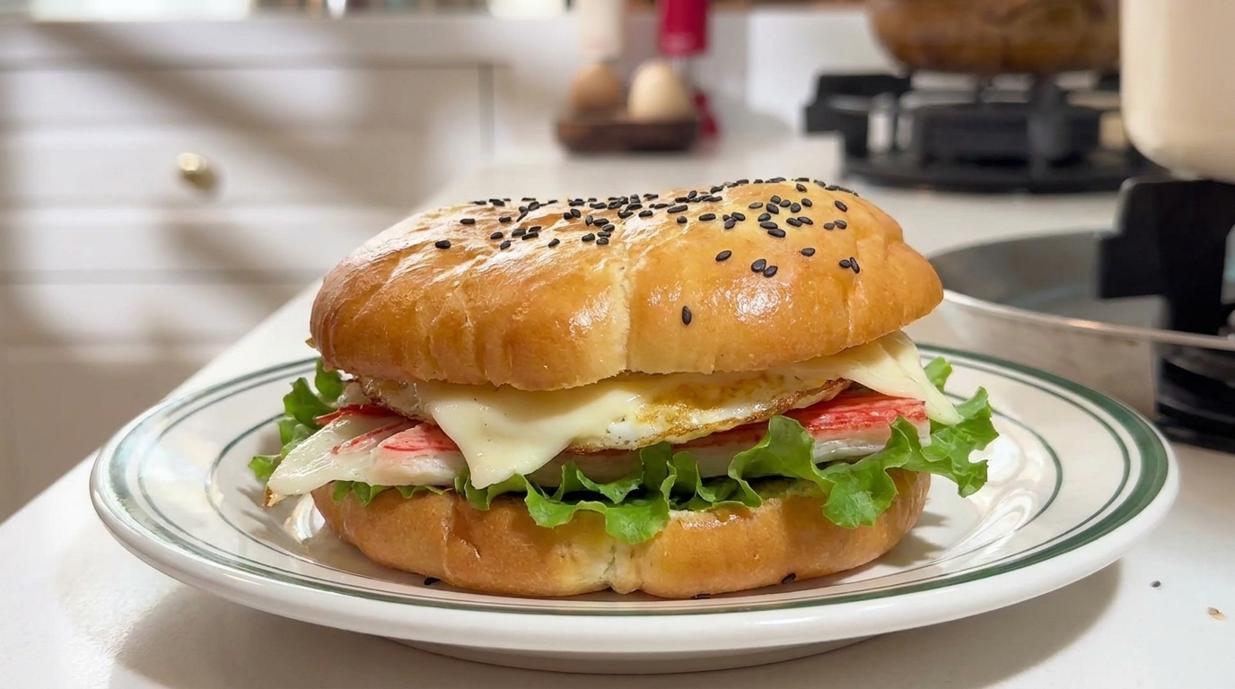 Burger Déjeuner au Pancake au Beurre, Œuf et Crabe