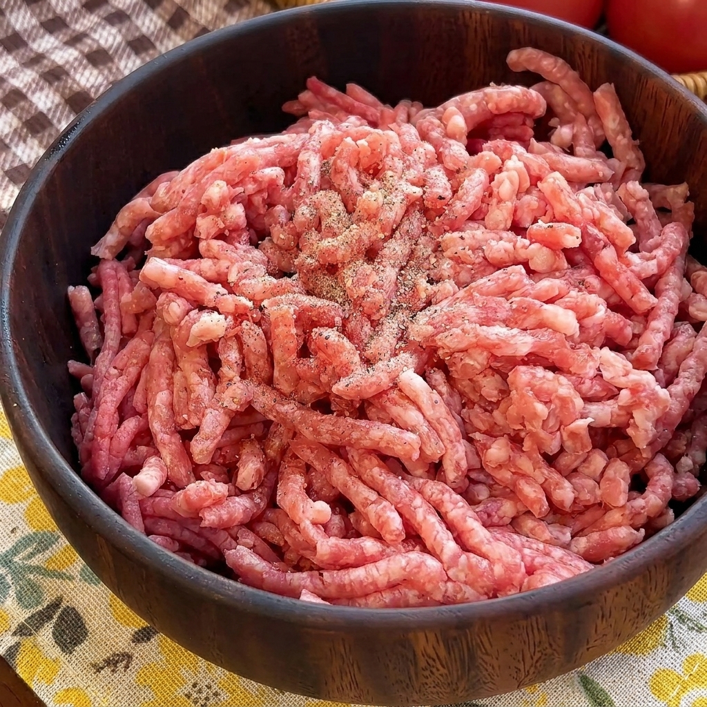 Du poivre noir fraîchement moulu et du sel sur un tas de bœuf haché cru dans un bol en bois.