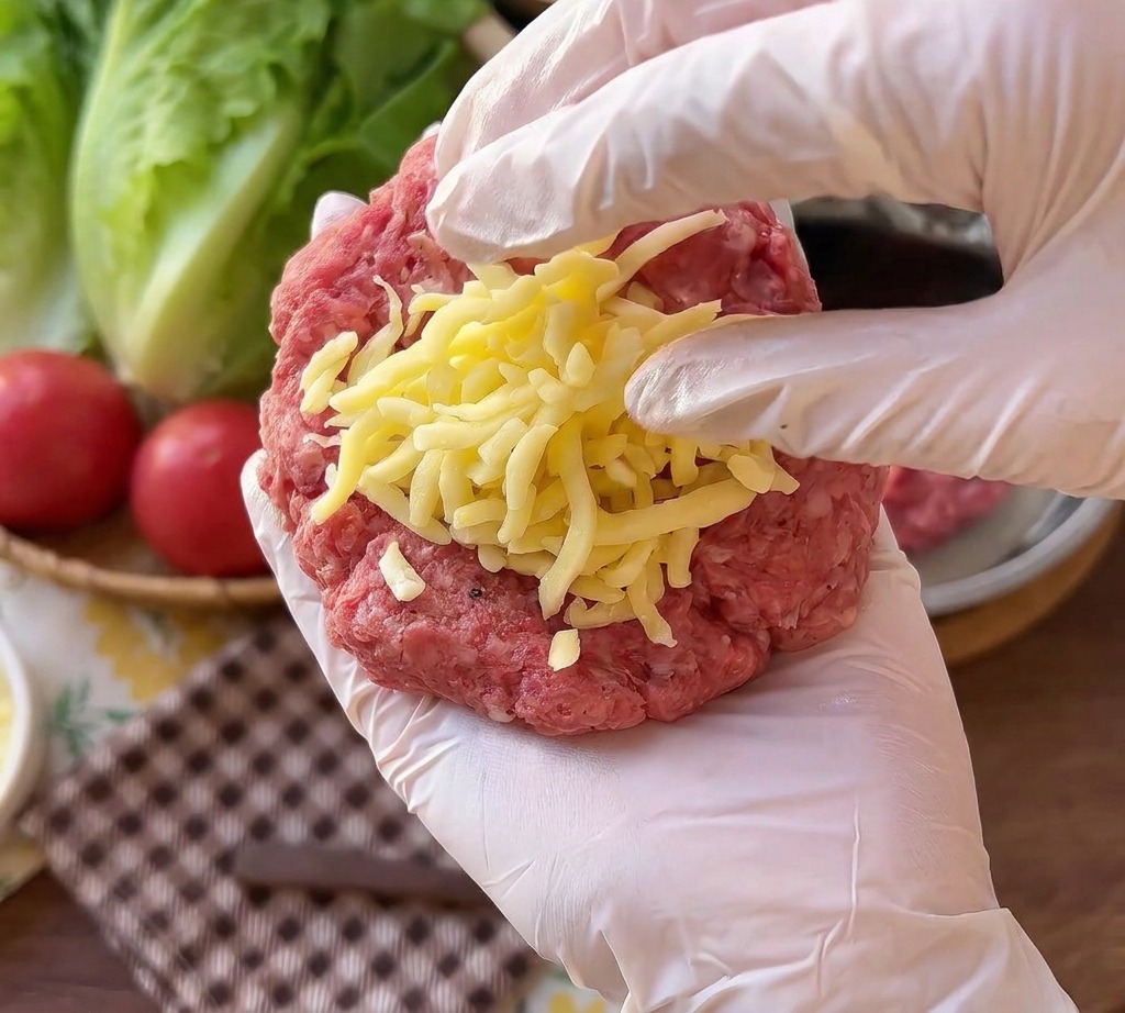 Une main gantée tenant un steak haché de bœuf cru surmonté dun monticule de mozzarella blanche râpée.