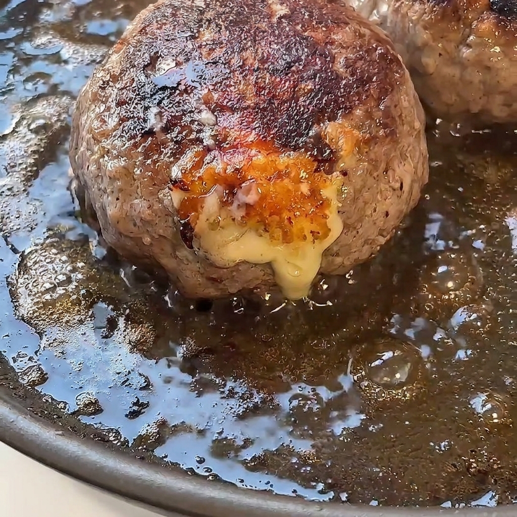 Gros plan sur un steak haché bien doré grésillant dans une poêle avec du fromage fondu doré bouillonnant sur le côté.