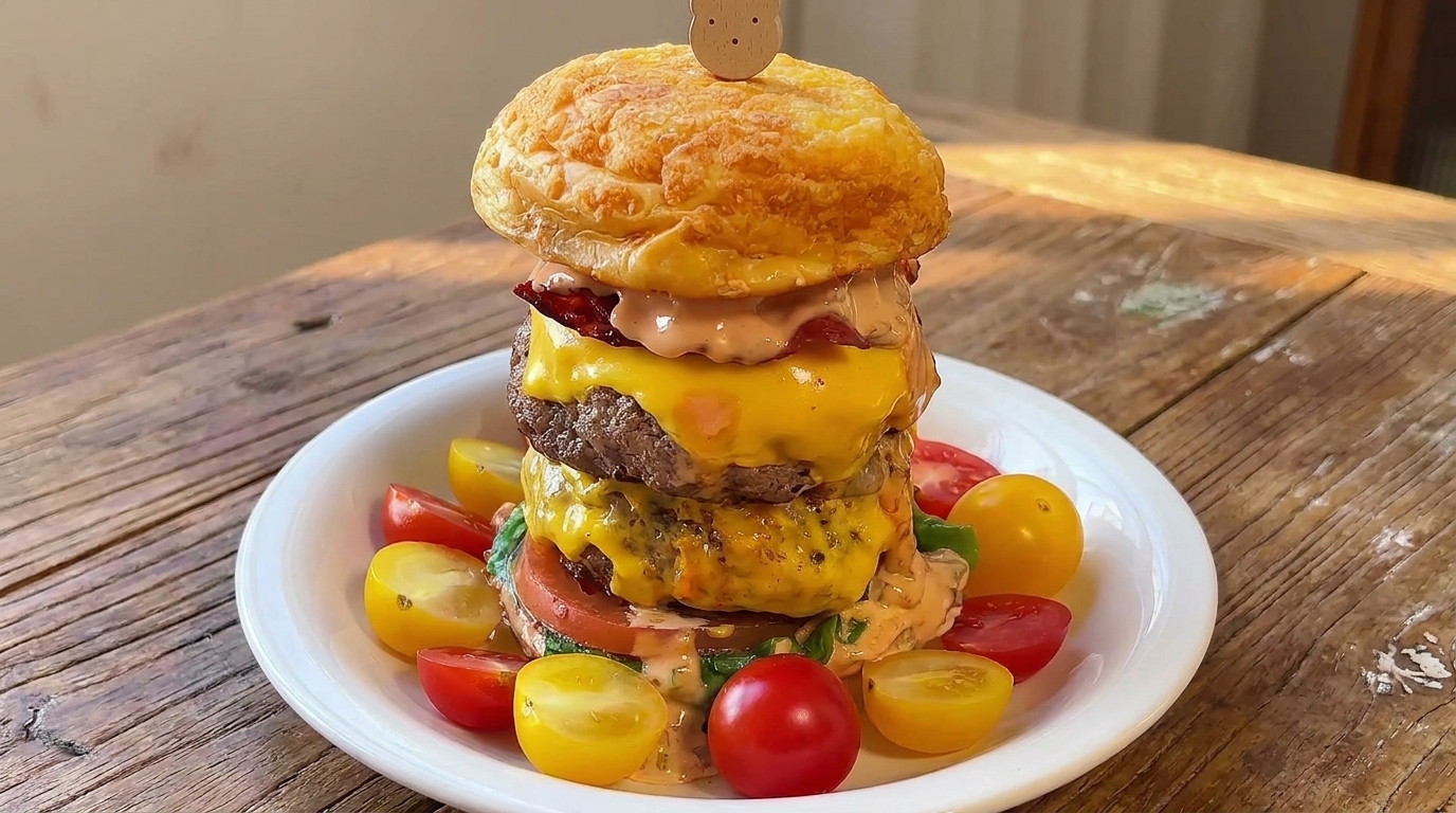 Burger Double Bœuf au Cœur de Fromage Fondant et Bacon Croustillant