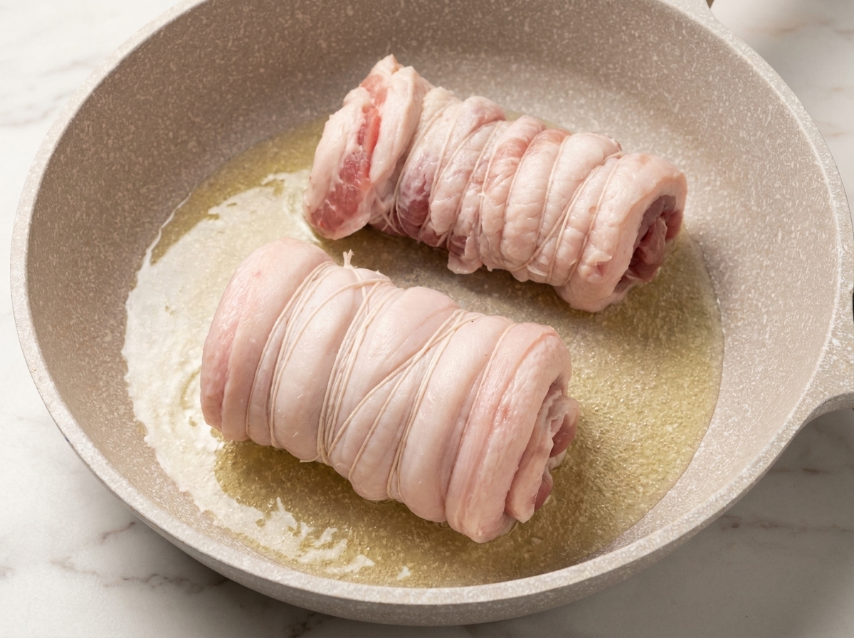 Deux rouleaux de porc ficelés dorant dans une poêle avec de lhuile chaude pour obtenir une croûte dorée.
