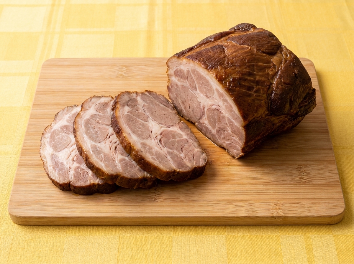 Tranches rondes de porc braisé posées à côté du rouleau principal sur une planche en bois.