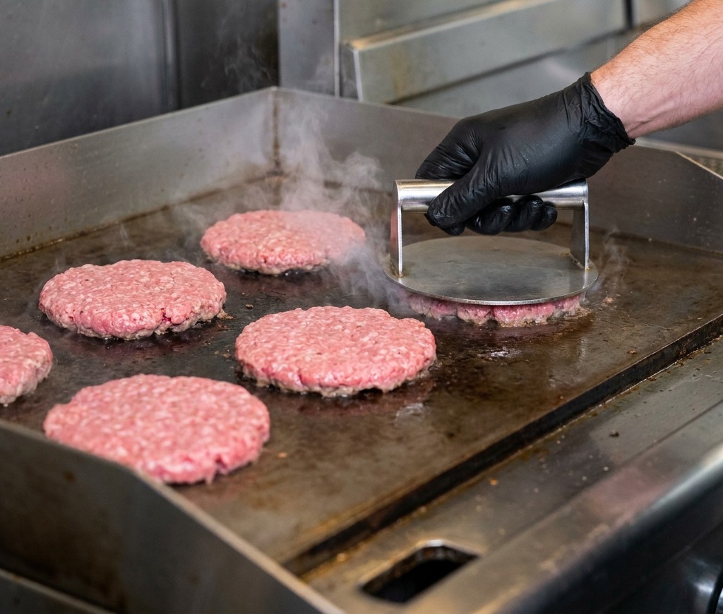 Rangées de boulettes de bœuf crues déposées sur une plancha en métal brûlante dans une cuisine.